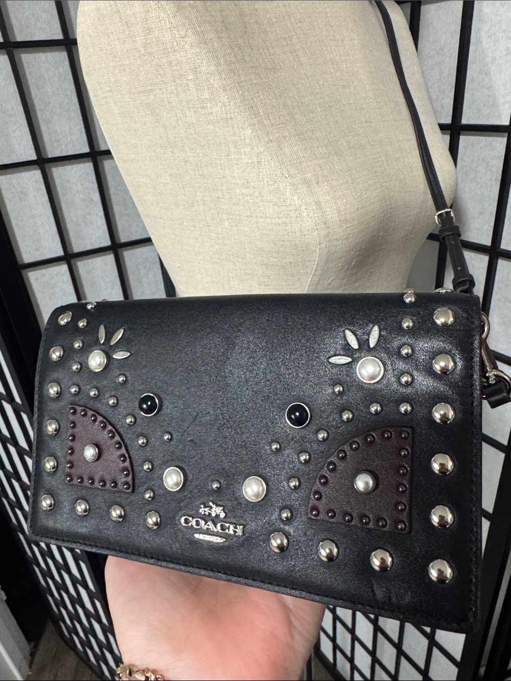 Coach 1941 Western Rivets Foldover Crossbody Wallet Black Studded Leather Bag - Picture 8 of 14